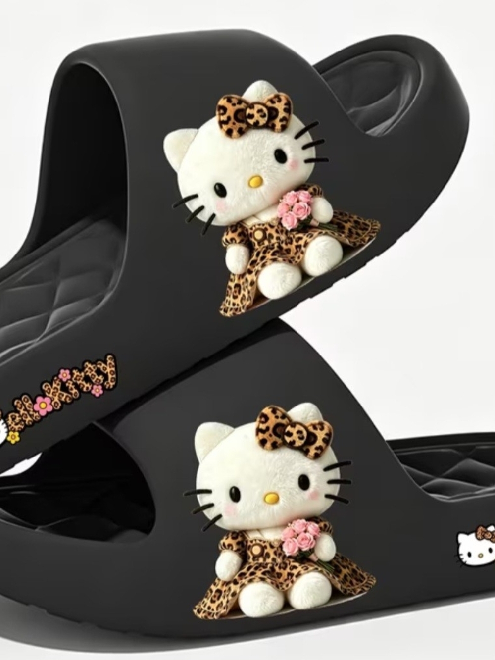 Hello Kitty Black Slide Sandals with Leopard Print Charms